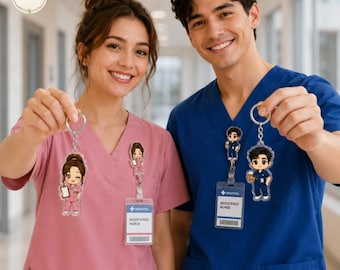 Custom Chibi Nurse Badge Reel, Personalized Healthcare Keychain, Retractable ID Holder for Vet Tech Nurse Gift