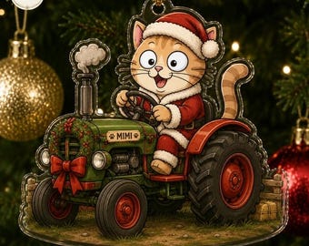Custom Cat Tractor Ornament, Personalized Acrylic Pet Keepsake, Farm Holiday Decor, Cat Lover Gift