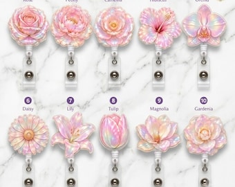 Floral Nurse Badge Reel, Acrylic Retractable ID Holder, Realistic Flower Bloom Floret Badge Accessory
