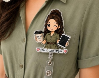 Custom Chibi Teacher Badge Reel, Personalized Acrylic ID Holder, Retractable Clip, School Accessory