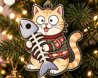 Custom Cat Fish Bone Acrylic Ornament, Personalized Pet Christmas Tree Decor, Cat Lover Gift