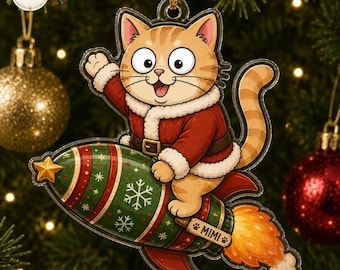 Custom Cat Rocket Ornament, Personalized Pet Acrylic Keepsake, Cat Lover Gift