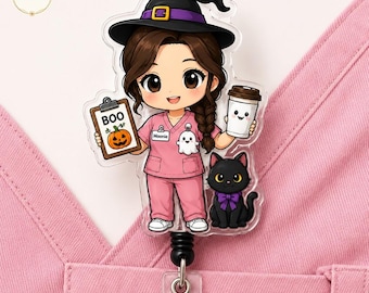 Custom Chibi Nurse Badge Reel, Halloween Healthcare ID Holder, Retractable Keychain (Custom Shape)