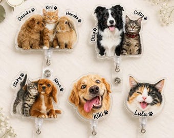 Custom Pet Portrait Badge Reel, Personalized Dog Cat ID Holder, Nurse Teacher Vet Tech
