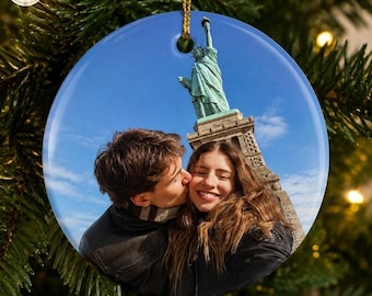 Custom Watercolor Photo Ceramic Ornament, Couples Christmas Keepsake Tree Decoration