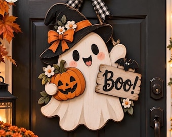 Ghost Witch Hat Door Sign, Halloween Wooden Wall Decor, Halloween Gift (Boo! Pumpkin)