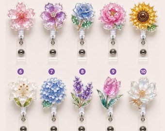 Floral Bloom Floret Badge Reel, Retractable ID Holder, Acrylic Nurse Clip Accessory