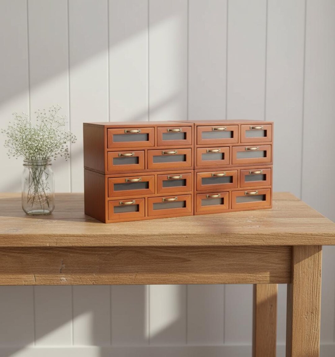 Vintage Wooden 16 Drawer Desktop Organizer, Walnut Storage Box With ...