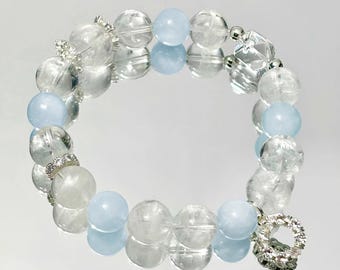 White Phantom & Aquamarine Crystal Bracelet, Natural Healing Bracelet, Clear Quartz Sugar Cube, Peace Wreath Charm, Gift for Her