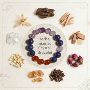 Puede incluir: Una pulsera de cuentas azules, rojas y moradas está rodeada de varios elementos naturales, como flores, virutas de madera y cristales. El texto de la imagen dice "Herbal Incense Crystal Bracelet."