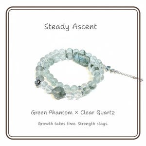 Stetige Besteigung | Grüne Phantomquarz und Bergkristall Doppel-Wickel-Armband | Wachstum & Klarheit Kristall Schmuck | Silber Minimalist Armband