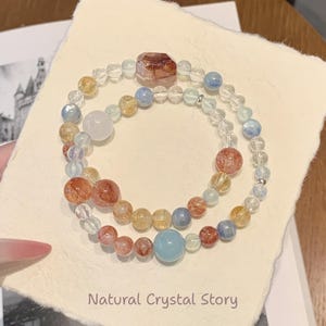 Double Layer Red Hematoid Quartz Bracelet | Natural Aquamarine Citrine Crystal | Handmade Multi Stone Jewelry | Energy Gift for Her