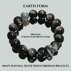 Könnte beinhalten: Ein Armband aus silbernem Glanzobsidian mit einem Drachenanhänger. Das Armband hat große, runde, schwarze Perlen mit silbernen Sprenkeln. Der Text auf dem Bild lautet "Earth Form" und "Dragon Strength & Protection".