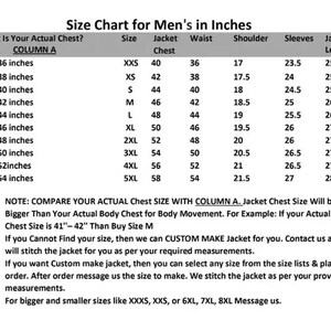 May include: A size chart for men's jackets, detailing chest, waist, shoulder, sleeve, and jacket length measurements in inches. Includes sizes from XXS to 5XL, with notes on how to measure and custom jacket options.