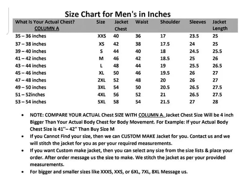 May include: A size chart for men's jackets, detailing chest, waist, shoulder, sleeve, and jacket length measurements in inches. Includes sizes from XXS to 5XL, with notes on how to measure and custom jacket options.