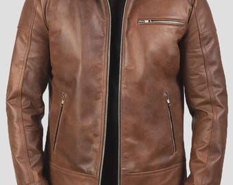 1980s Vintage Brown Leather Jacket Men Sheepskin Leather biker Jackets