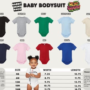 The image is a collage of various baby bodysuits in different colors and sizes, along with a baby girl wearing one of the bodysuits.