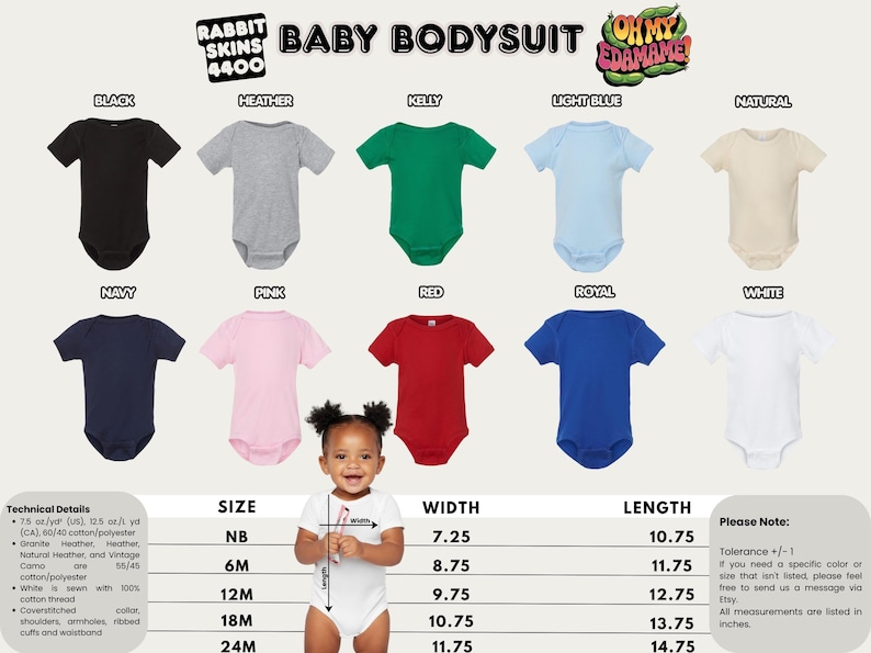 The image is a collage of various baby bodysuits in different colors and sizes, along with a baby girl wearing one of the bodysuits.