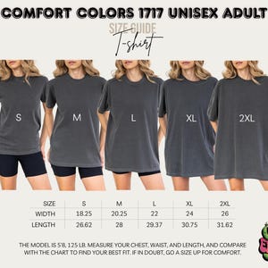 a size chart for a unisex adult t-shirt, showing the different sizes available in inches.