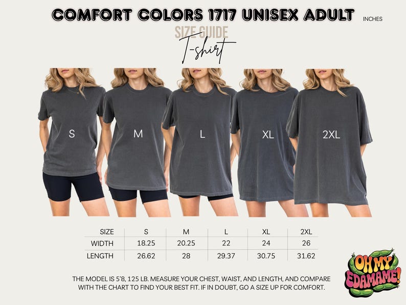 a size chart for a unisex adult t-shirt, showing the different sizes available in inches.