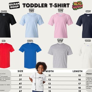 The image is a collage of various toddler t-shirt designs, including different colors and styles, along with a young child standing in front of them.