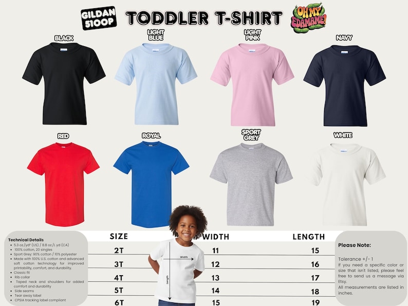 The image is a collage of various toddler t-shirt designs, including different colors and styles, along with a young child standing in front of them.