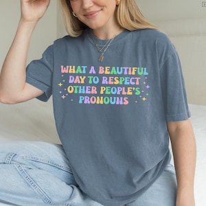 May include: A blue t-shirt with the text "WHAT A BEAUTIFUL DAY TO RESPECT OTHER PEOPLE'S PRONOUNS" in colorful, retro-style lettering. The shirt has a relaxed fit and is made of a soft material.