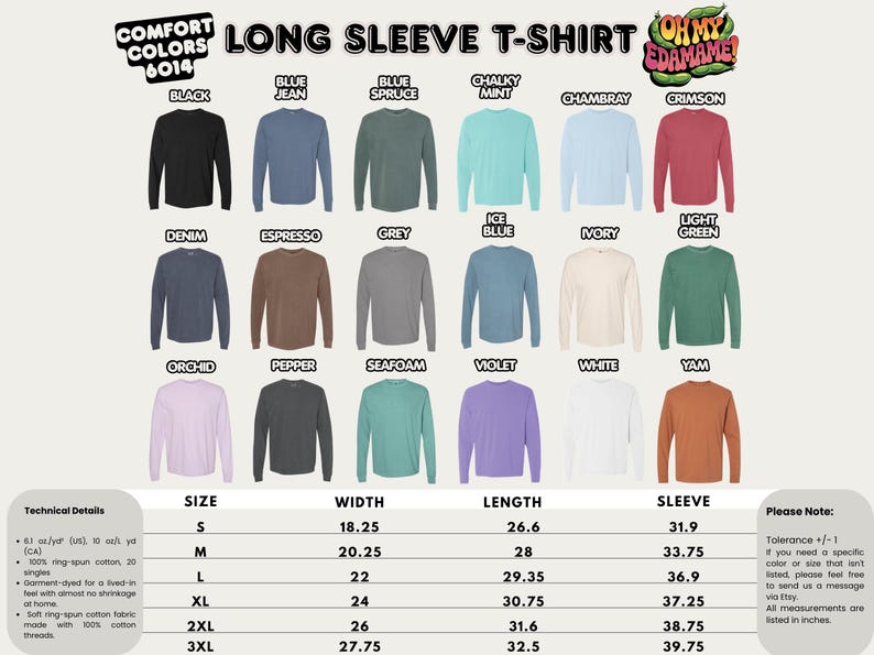 The image is a color palette of long sleeve t-shirts, featuring various colors and styles.