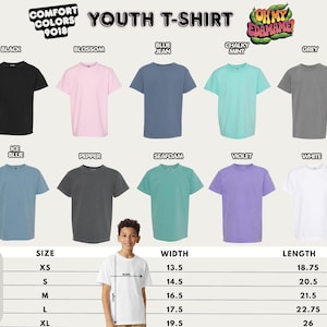 The image is a youth t-shirt size comparison chart, featuring various t-shirt colors and sizes for different age groups.