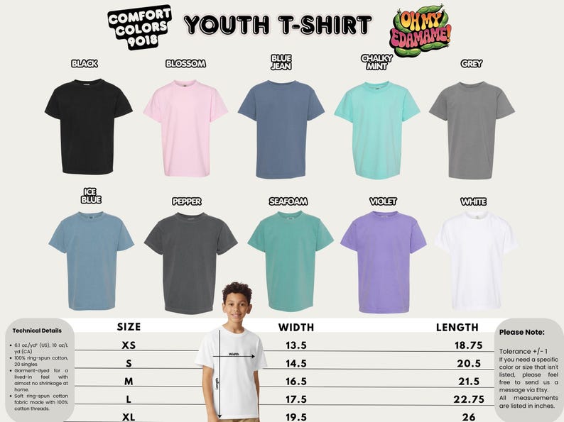 The image is a youth t-shirt size comparison chart, featuring various t-shirt colors and sizes for different age groups.