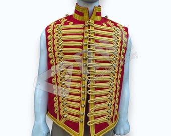 Chaleco militar de húsares rojos, chaqueta napoleónica con trenzas doradas, uniforme de desfile sin mangas, hecho a medida.