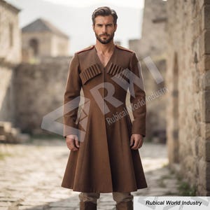 May include: A brown long-sleeved coat featuring a V-neckline, structured shoulders with red accents, and two rows of decorative cartridge loops across the chest. The garment has a flared skirt design and reaches mid-thigh length.