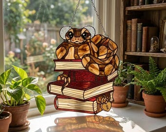 Cozy Book Snake Stained Glass Window Hanging | Cute Snake Suncatcher | Book Lover Glass Decor | Whimsical Library Window Ornament