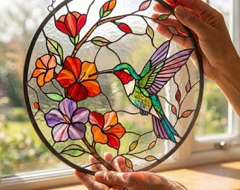Acchiappasole in vetro colorato con uccellino azzurro, decorazione floreale da appendere alla finestra, ispirazione naturalistica.