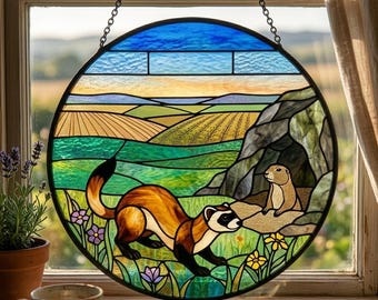 Acchiappasole in vetro colorato con furetto dai piedi neri, decorazione per finestra con cane della prateria, decorazione per la conservazione della fauna selvatica, arte del vetro a tema boschivo