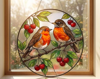 Decorazione in vetro colorato a forma di pettirosso, acchiappasole, decorazione per finestra con motivo ciliegio, regalo per amanti degli uccelli, arte in vetro ispirata alla natura, arredamento rustico per la casa.
