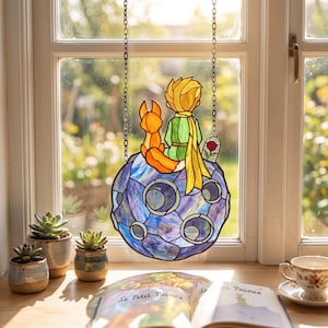 The Little Prince Inspired Stained Glass Window Hanging | Planet B612 Suncatcher | Fox & Rose Glass Decor | Literary-Inspired  Ornament