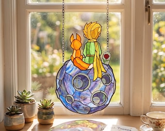 The Little Prince Inspired Stained Glass Window Hanging | Planet B612 Suncatcher | Fox & Rose Glass Decor | Literary-Inspired  Ornament