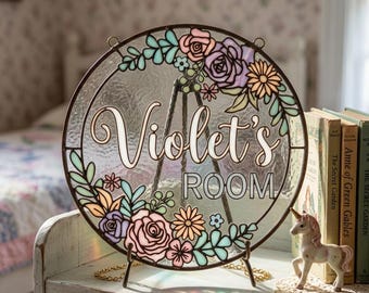 Cartello floreale personalizzato per la stanza / Acchiappasole in vetro colorato con nome personalizzato / Decorazione per la porta della cameretta / Cartello da appendere per la stanza dei bambini