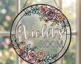 Insegna decorativa personalizzata in vetro colorato con motivi floreali / Decorazione da appendere con nome personalizzato