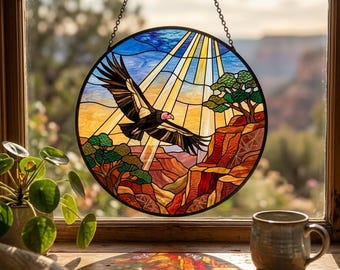 Acchiappasole in vetro colorato con condor della California, uccello in via di estinzione da appendere alla finestra, decorazione per la conservazione della fauna selvatica, arte in vetro a tema natura.