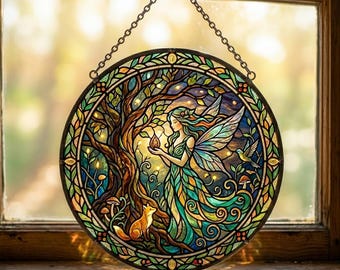 Acchiappasole in vetro colorato con l'Albero della Vita, decorazione per finestre con fate della foresta, decorazione celtica a tema natura, arte in vetro fantastica con volpe e fungo.