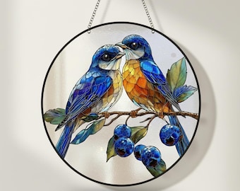 Acchiappasole in vetro colorato con uccellino azzurro, decorazione floreale da appendere alla finestra, ispirazione naturalistica.
