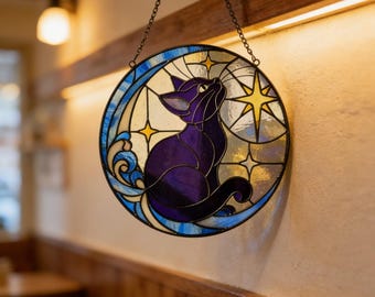 Gatto nero, luna e stella, acchiappasole in vetro colorato, ornamento decorativo celestiale e magico.