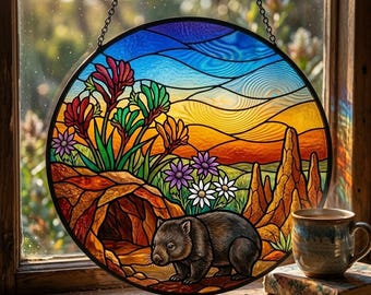 Acchiappasole in vetro colorato con vombato dal naso peloso del Queensland, decorazione con fauna selvatica australiana in via di estinzione, decorazione per finestra a tema natura, arte in vetro a tema bosco