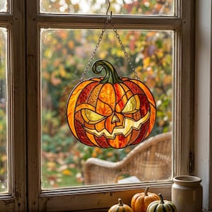 Jack-o'-Lantern Stained Glass Window Hanging | Halloween Pumpkin Suncatcher | Autumn Glass Window Decor | Spooky Seasonal Ornament