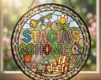 Acchiappasole personalizzato per la casa / Cartello in vetro colorato personalizzato per la famiglia / Regalo per l'inaugurazione della casa / Decorazione da appendere alla finestra