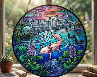 Acchiappasole in vetro colorato a forma di axolotl, decorazione per finestre con salamandra messicana, decorazione con fauna selvatica in via di estinzione, graziosa opera d'arte acquatica in vetro