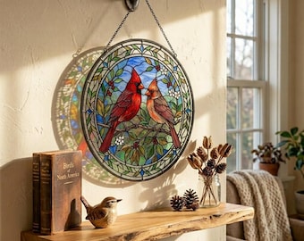Cardinal Stained Glass Suncatcher, Bird Window Hanging, Cardinal Wall Decor, Nature Inspired Glass Ornament, Gift for Bird Lovers