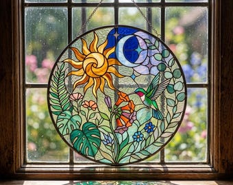 Acchiappasole in vetro colorato con sole, luna e colibrì, decorazione floreale da appendere alla finestra, arte in vetro ispirata alla natura, arredamento per la casa in stile artigianale
